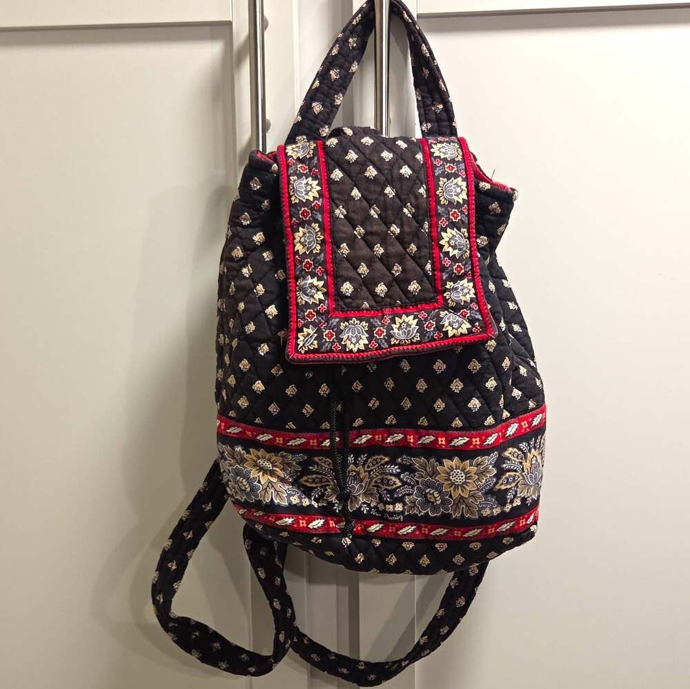 Vtg Vera Bradley Minil Drawstring Backpack "Classic Black" Retired 100% Cotton